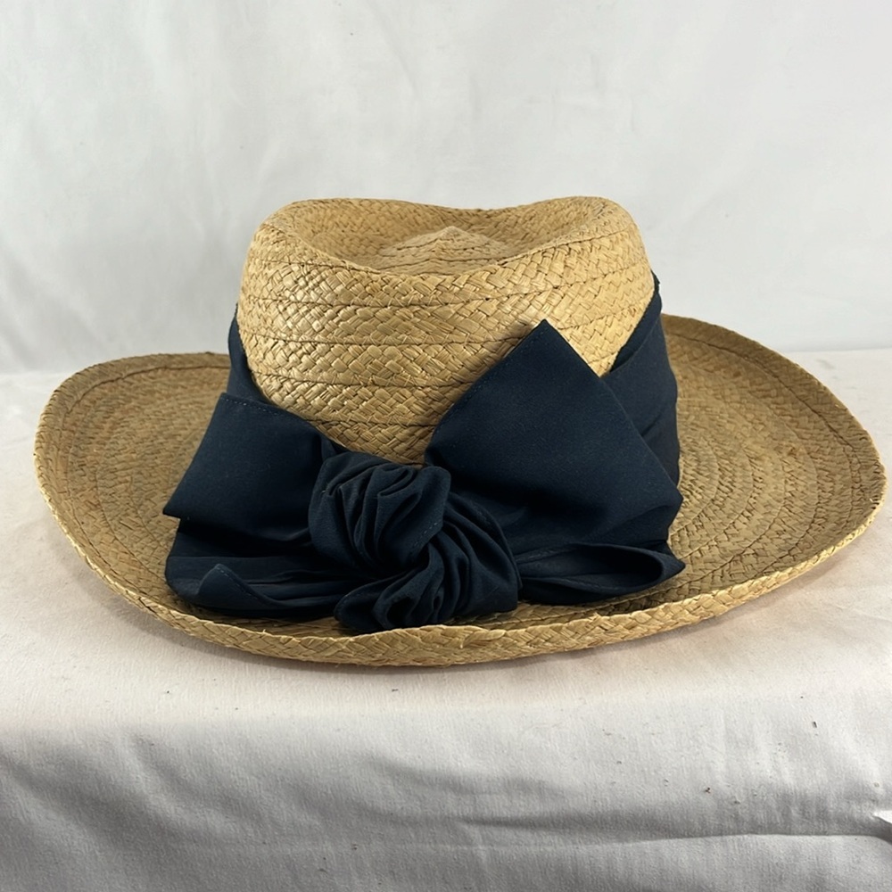 Biltmore Canadian-Made Coquette Girl Straw Hat w/ Navy Bow - Picture 2 of 6
